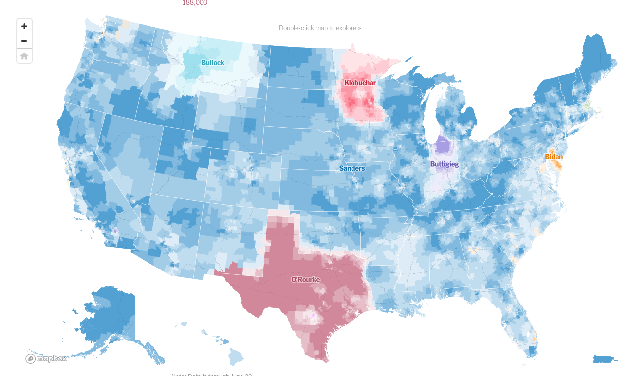 A map of the United States, highlighted in Blue, Red, Purple, and Yellow. The Blue represents donations for Bernie Sanders, and makes up a majority of the map.